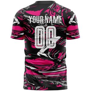 เสื้อฟุตบอลผู้ชายลายพรางนามธรรมสีชมพู-ดำ ปรับแต่งชื่อทีมและหมายเลขได้ ระบายอากาศได้ดี ผลิตจากโพลีเอสเตอร์ แขนสั้น เสื้อฟุตบอลสำหรับการเล่นกีฬา - Product Image 2