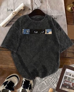T-shirt à manches courtes col rond pour femme, imprimé numérique style line art, coupe ample, en jersey décontracté, toutes saisons - Product Image 4