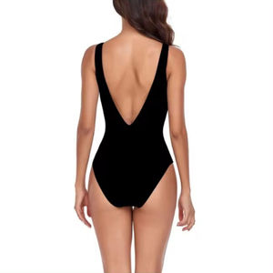 Conjunto de 2 piezas de traje de baño estampado de tela elástica con cuello pronunciado para mujer, con braga tipo tanga y sujetador triangular - Product Image 1