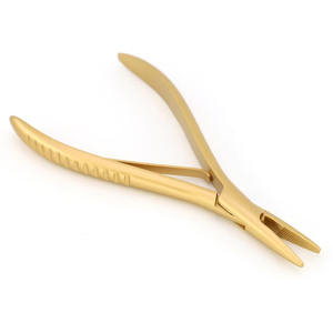 Pince de retrait d'extensions capillaires en acier inoxydable plaqué or mat, à mâchoires dentelées, pour l'ouverture de micro-anneaux et la dépose de liens, outil de salon en métal - Product Image 1