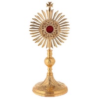 Monstrance Reliquaire en Laiton Scintillant avec Croix et Motif Rayons de Soleil – Décoration Traditionnelle pour la Maison, Idéale pour Baptême, Présentation sur Table, en Métal