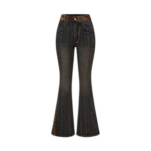 Custom Women Leopard Print Trim Flare Jeans Dark Wash Seam Detail High Waist Denim Pants Vintage Y2K Streetwear <b>Trousers</b> - Product Image 1