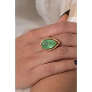 Bague victorienne en argent sterling 925, design tendance en forme de poire, pierre précieuse verte et diamant Polki, bijoux fins, pour mariage. - Product Image 2