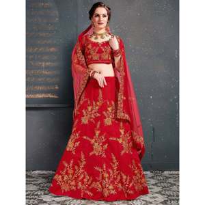 <b>Red</b> Embroidered Slub Silk Bridal <b>Lehenga</b> Choli Set for Women - Product Image 1
