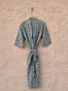 Cotton Kimono <b>Robe</b> Striped Heart Print Loungewear Summer Spring Long Sleeve V-neck Boho <b>Beach</b> Gown - Product Image 4