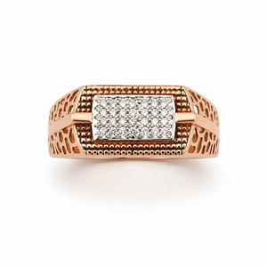 <b>Mens</b> 18KT rose Gold Rectangular Micro Pave Cubic Zirconia Signet <b>Ring</b> Openwork Side Design Textured Statement Wedding Party - Product Image 1