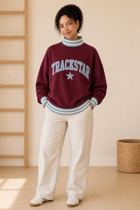 Burgundy Women's Mock Neck Sweatshirt Blue Cream Striped Trim Light Blue Varsity Letter <b>Star</b> Trackstar Custom OEM Pullover - Product Image 1