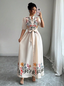 Robe d'été décontractée pour femmes, robe longue élégante pour femmes avec col à double volant en forme de feuille de lotus, broderie et doublure en coton - Product Image 5