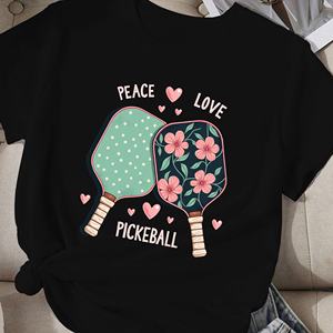T-shirt décontracté pour femme Peace Love Pickleball, coupe classique, en polyester tricoté, col rond, manches courtes, imprimé par transfert thermique - Product Image 1
