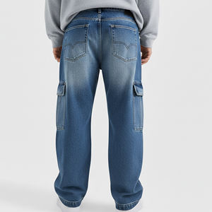 Pantalones Vaqueros de Pierna Recta en Color Azul Claro, Lavado a la Piedra, 100% Algodón, 14 Oz, con Bolsillos Tipo Cargo, Precio al por Mayor Accesible - Product Image 3