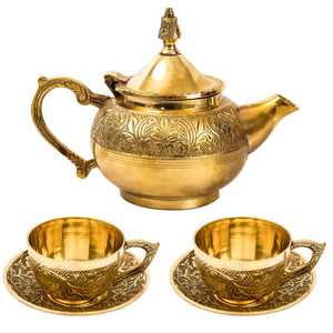 Luxury Brass Tea <b>Set</b> with <b>Teapot</b>, Cups, Saucers and Serving Tray – Traditional Indian Handcrafted Brass Tea & Coffee <b>Set</b> - Product Image 1