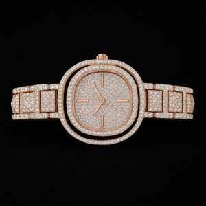 Montre ronde de luxe en or rose sertie de diamants, bracelet en acier inoxydable, montre-bracelet à quartz pour homme et femme, style haut de gamme, élégante - Product Image 2