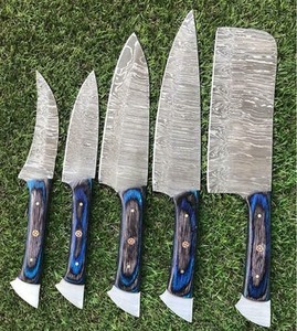 UMAR FAROOQ CUTLERY KITCHEN WARE <b>Set</b> of 5 Damascus Kitchen <b>Knives</b>, Custom Full Tang Yellow Pakka Wood Handle with Leather Roll - Product Image 3
