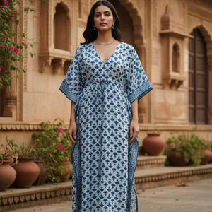 Blue Floral Hand Block Print <b>Kaftan</b> Midi <b>Long</b> Cotton Women Beach Coverup Boho Loungewear Indian Ethnic Gowns Natural Waist - Product Image 1