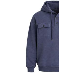 Sweat à capuche bleu ardoise pour homme avec patte de boutonnage, double poche poitrine, style streetwear décontracté, fabricant sur mesure - Product Image 2