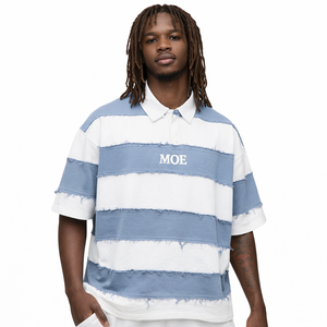 T-shirt pour homme à rayures rugby, panneau à bords effilochés, manches courtes, coton, streetwear, marque privée, fabricant OEM - Product Image 1