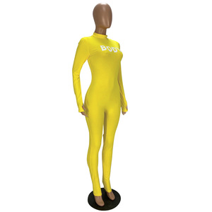 Mono amarillo de manga larga con cuello alto para mujer, cintura alta, ajuste ceñido, estampado de poliéster y elastano, ropa de club, largo completo - Product Image 2