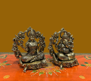 Statue en laiton de Laxmi et Ganesh, taille moyenne – Miniature artisanale pour la décoration de la maison, du temple ou du bureau, fabriquée au Rajasthan - Product Image 4