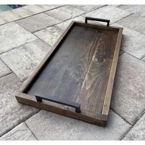 Grand plateau en bois élégant de style antique pour le petit-déjeuner, service alimentaire, artisanat, style vintage, poignées décoratives, compatible lave-vaisselle - Product Image 1