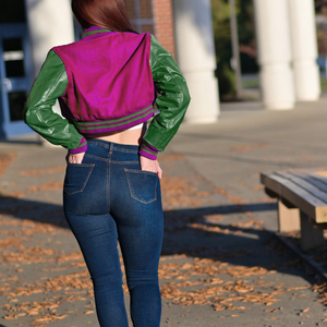 Veste courte universitaire pour femme, style bomber Letterman, rose, magenta, vert, manches en similicuir, vêtement d'extérieur décontracté, mode féminine - Product Image 5