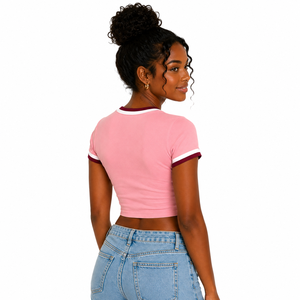 Premium Women's Pink <b>Crop</b> <b>Top</b> Short Sleeve Slim Fit Crew Neck Ringer T-Shirt Solid Color Casual Jersey Cotton Breathable - Product Image 4
