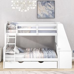 Letto a castello bianco con letto singolo sopra e letto matrimoniale, scrivania integrata, tre cassetti portaoggetti e mensola per bambini - Product Image 3