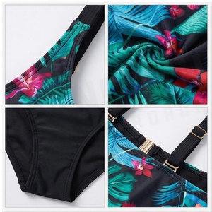 Traje de baño de una pieza con estampado floral para mujer, cuello en V, halter, push-up, cintura alta, elástico - Product Image 4