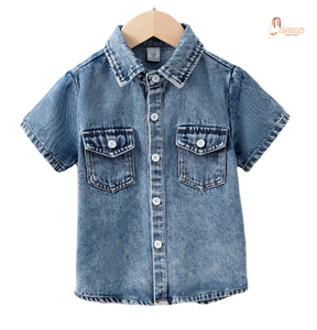 เสื้อเชิ้ตเดนิมเด็กชาย แขนสั้น ลำลอง ปกคอพับ มีกระเป๋า ผ้าฝ้ายฟอก ทรงปกติ สีพื้น - Product Image 1