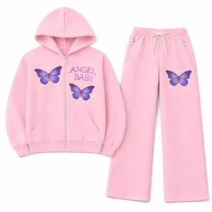 Ensemble de survêtement imprimé papillon pour filles, sweat à capuche zippé, pantalon de jogging en polaire, vêtements décontractés d'hiver - Product Image 1