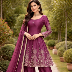 Nuevo lanzamiento: Traje de tres piezas de tela de seda Chinon de alta calidad, ideal para invitadas de boda, precio de exportación al por mayor. - Product Image 1