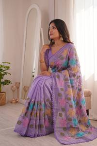 <b>Purple</b> Floral Embroidered Rayon <b>Saree</b> With Lace Border Traditional Indian Wear For Women All Seasons - Product Image 3