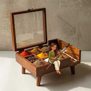 Compartment Wooden Table Top Masala Dabba Containers Jars & Kitchen <b>Spice</b> <b>Box</b> with Wooden Spoon - Product Image 1