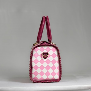 Pink <b>White</b> Diamond Pattern Leather Handbag With Cowhide Panel Zipper Closure Luxury Style - Product Image 3