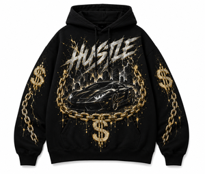 Hustle Hip Hop Hoodie Unisexe Noir Oversize Imprimé Écologique Léger Motif Chaîne de Voiture et Dollar Logo Avant 100% Coton - Product Image 1