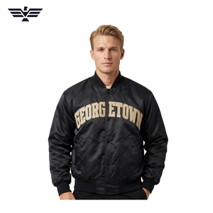 Blouson Bomber Unisexe Noir Brodé Lettres sur le Devant Col Montant Simple Boutonnage Style Universitaire Extérieur en Soie 100% Polyester Hiver - Product Image 1