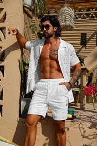 Conjunto de Camisa y Pantalones Cortos Blancos de Verano para Hombre, Ropa Casual Ligera de Poliéster para Vacaciones - Product Image 4