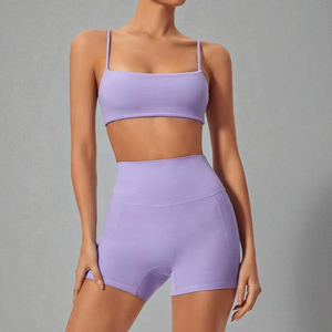 Ensemble sportif décontracté 2 pièces pour femme, bleu marine, haut court sans bretelles et short taille haute, en tricot de coton élasthanne respirant, couleur unie - Product Image 3