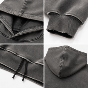 OEM Custom Washed Grey <b>Oversized</b> <b>Hoodie</b> Heavyweight Pullover with Raw Edge Black <b>Stitching</b> Distressed Embroidery - Product Image 4