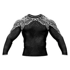 Men's Black Full Sleeve Rash Guard <b>White</b> Tribal Print Sublimation Quick Dry <b>Compression</b> <b>Shirt</b> For MMA BJJ Grappling Rash Guards - Product Image 1