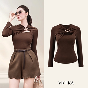 เสื้อถักไหมพรมสีน้ำตาลสำหรับผู้หญิง แขนยาว คอวี แต่งกระดุม ทรงเข้ารูป ยืดหยุ่นได้ เสื้อริบบิ้นลำลอง สำหรับฤดูใบไม้ผลิ/ฤดูร้อน SIENNA ODM - Product Image 1