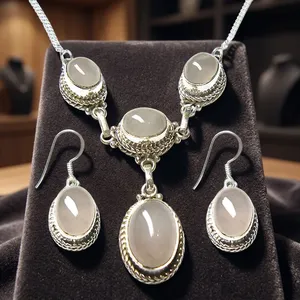 925 Sterling Silver Pink Rose Quartz Necklace Earrings Set Oval Cabochon Bezel Setting Women's Romantic Bohemian Jewelry Gift - Product Image 4