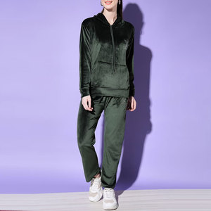 Ensemble de survêtement en velours doux pour femme, manches longues, imprimé uni, deux pièces, hiver, avec doublure polaire - Product Image 1