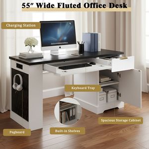 Scrivania Moderna Scanalata da 55 Pollici con Armadietto Contenitore e Pannello Forato con Prese Elettriche per Ufficio Domestico - Product Image 5
