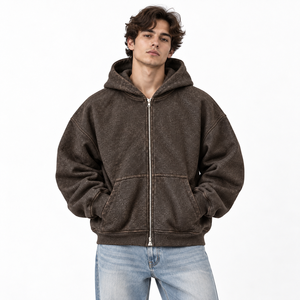 เสื้อฮู้ดซิปผ้าฝ้ายสำหรับออกกำลังกายสำหรับผู้ชาย 450GSM ปลายแขนแบบริบ ปักโลโก้แบบพัฟพริ้นท์ ออกแบบเองได้ ผู้ผลิตเสื้อฮู้ดซิป - Product Image 4