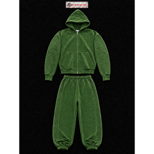 Ensemble de survêtement vert en velours pour femme, sweat à capuche zippé et pantalon large, deux pièces, avec strass, en velours de luxe, style streetwear décontracté, coupe jogging - Product Image 5