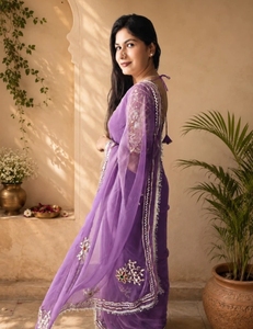 KV Women's Embroidered Wrinkle-Free Quick-Dry Bollywood Georgette <b>Saree</b> (<b>Purple</b>) Autumn - Product Image 2
