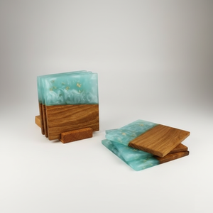 Ensemble de dessous-de-verre modernes de luxe en résine et bois, faits à la main, pour la décoration de table à café ou à thé, idéal comme cadeau. - Product Image 1