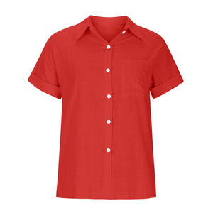 Chemise en lin à manches courtes pour femme, couleur unie, col rabattu, coupe classique, haut décontracté pour le printemps et l'été - Product Image 5