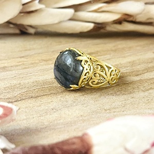 Bague Bohème Florale Tendance en Labradorite, Bijoux Boho en Laiton Argenté pour Femme, Plaqué Or 18K, Style Vintage, Vente en Gros/OEM/ODM - Product Image 5