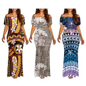 Robe longue sirène polynésienne à imprimé plumeria, épaules dénudées et manches lanternes, motif tribal, idéale pour les soirées – Nouvelle collection Samoan - Product Image 3